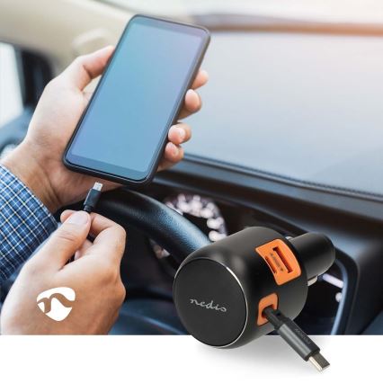 KFZ-Ladegerät mit einziehbarem Kabel Power Delivery 30W 2xUSB-C + 1xUSB-A