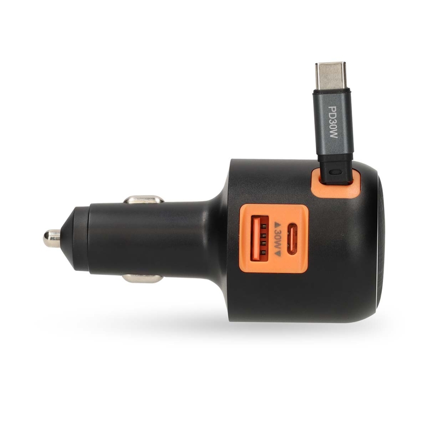 KFZ-Ladegerät mit einziehbarem Kabel Power Delivery 30W 2xUSB-C + 1xUSB-A