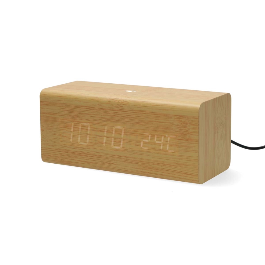 Digitaler Wecker mit LED-Display und Thermometer, 5V/1xCR2032, aus Holz