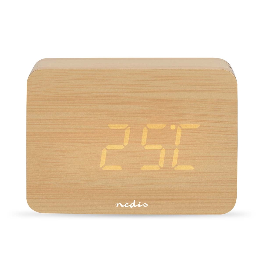 Digitaler Wecker mit LED-Display und Thermometer, 5V/3xAAA, aus Holz