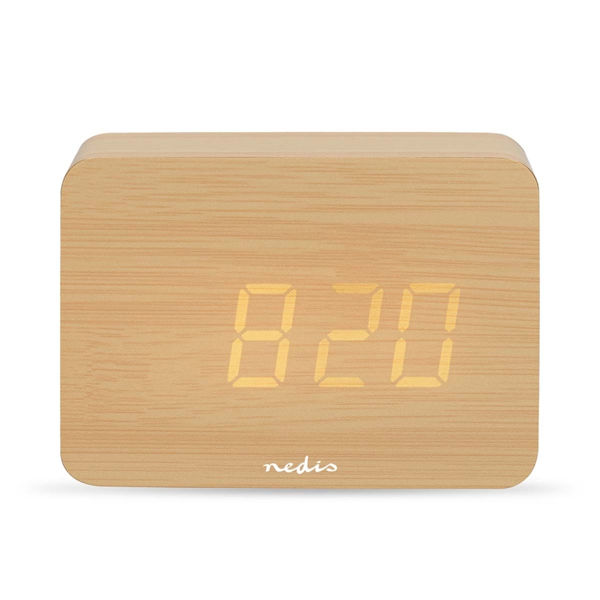 Digitaler Wecker mit LED-Display und Thermometer, 5V/3xAAA, aus Holz