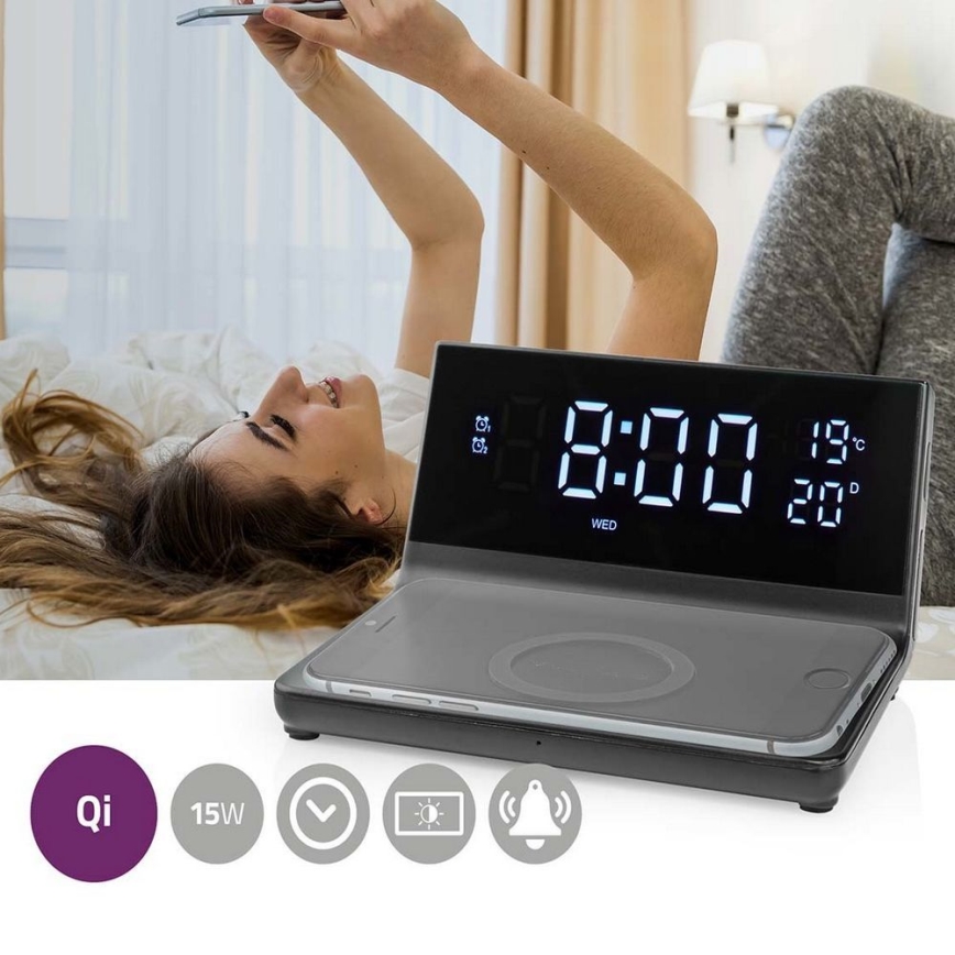 Wecker mit LCD-Anzeige und kabellosem Ladegerät 15W/230V + 1xCR2032 schwarz