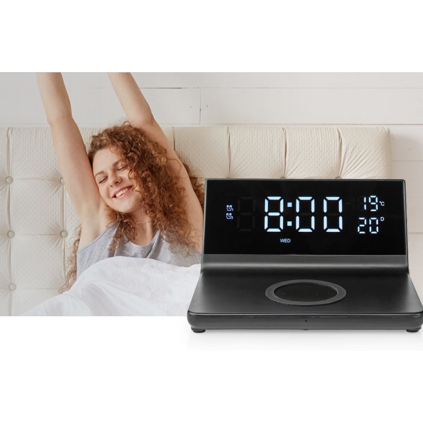 Wecker mit LCD-Anzeige und kabellosem Ladegerät 15W/230V + 1xCR2032 schwarz