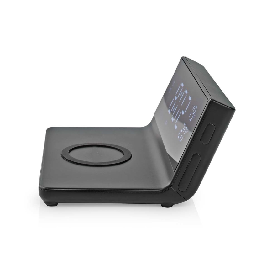 Wecker mit LCD-Anzeige und kabellosem Ladegerät 15W/230V + 1xCR2032 schwarz