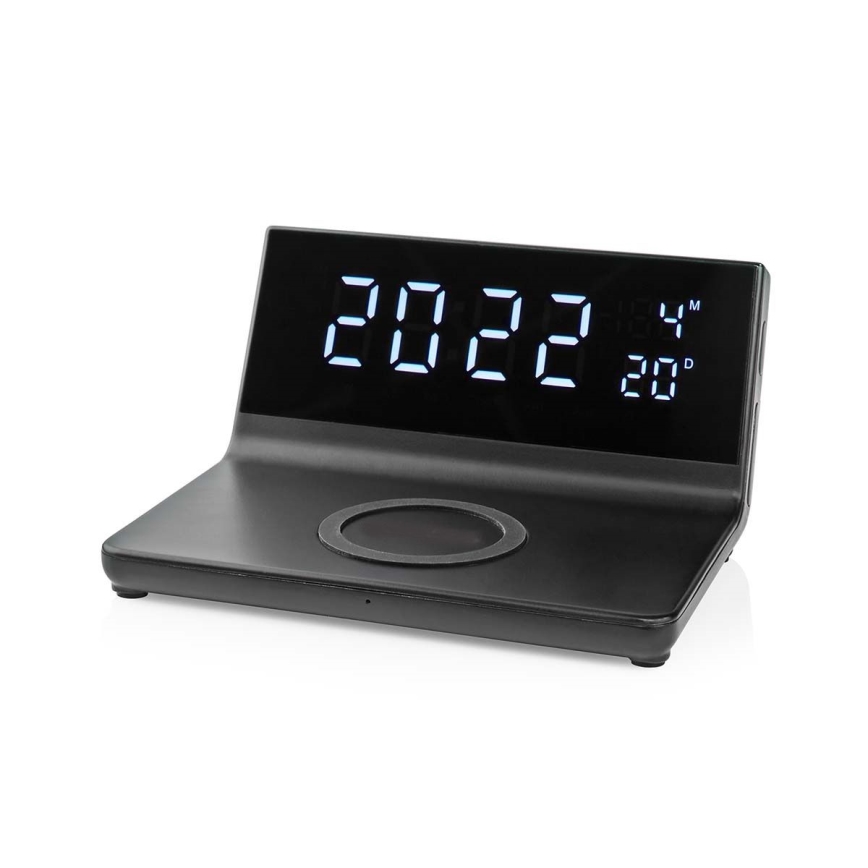 Wecker mit LCD-Anzeige und kabellosem Ladegerät 15W/230V + 1xCR2032 schwarz