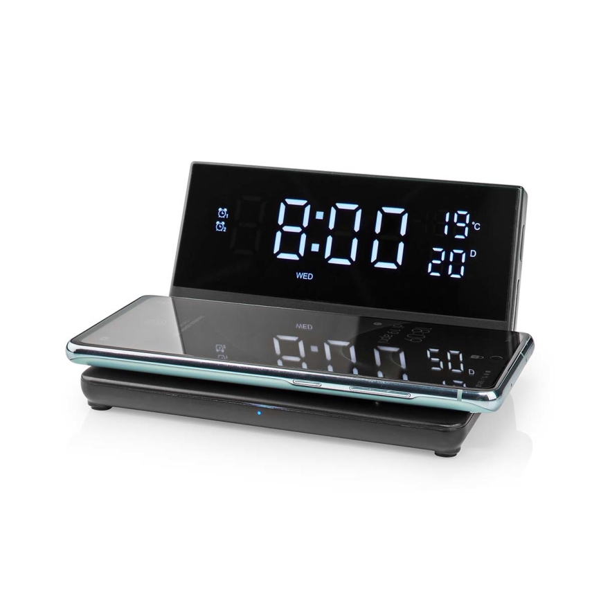Wecker mit LCD-Anzeige und kabellosem Ladegerät 15W/230V + 1xCR2032 schwarz