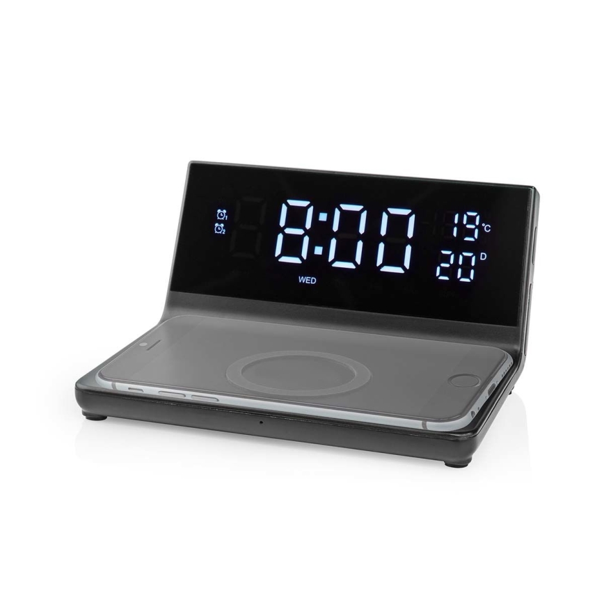 Wecker mit LCD-Anzeige und kabellosem Ladegerät 15W/230V + 1xCR2032 schwarz