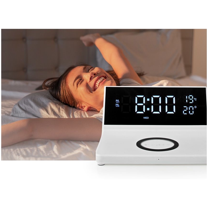 Wecker mit LCD-Display und kabellosem Ladegerät 15W/5V + 1xCR2032 weiß