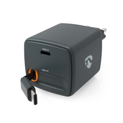 Ladegerät mit einziehbarem Kabel, Power Delivery 30W, 2x USB-C, schwarz