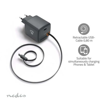 Ladegerät mit einziehbarem Kabel, Power Delivery 30W, 2x USB-C, schwarz