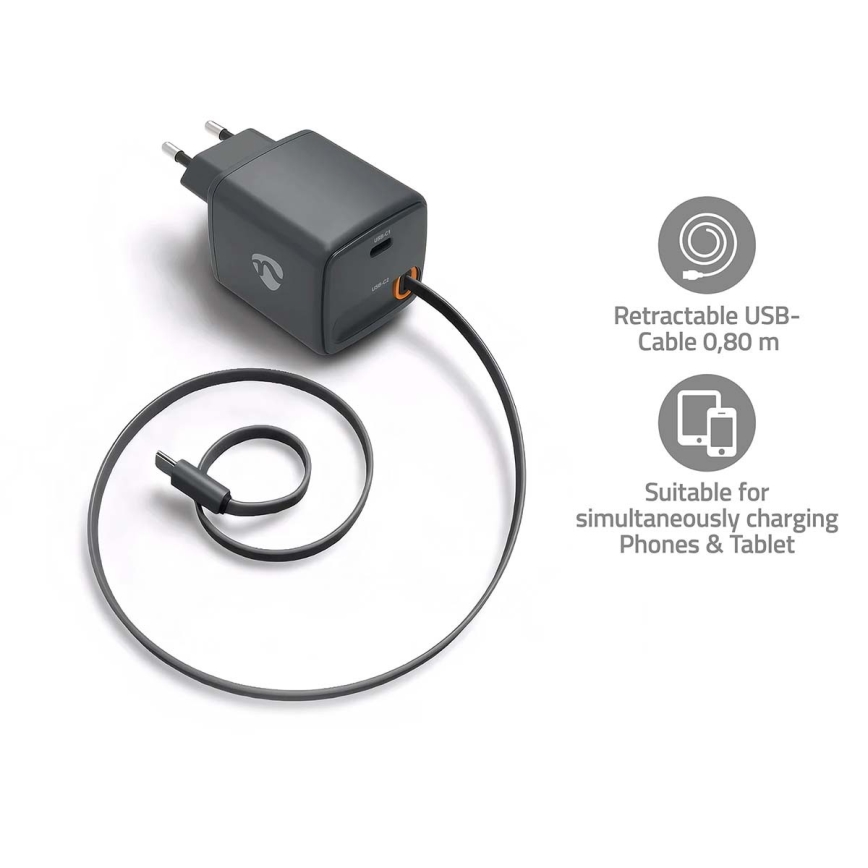 Ladegerät mit einziehbarem Kabel, Power Delivery 30W, 2x USB-C, schwarz