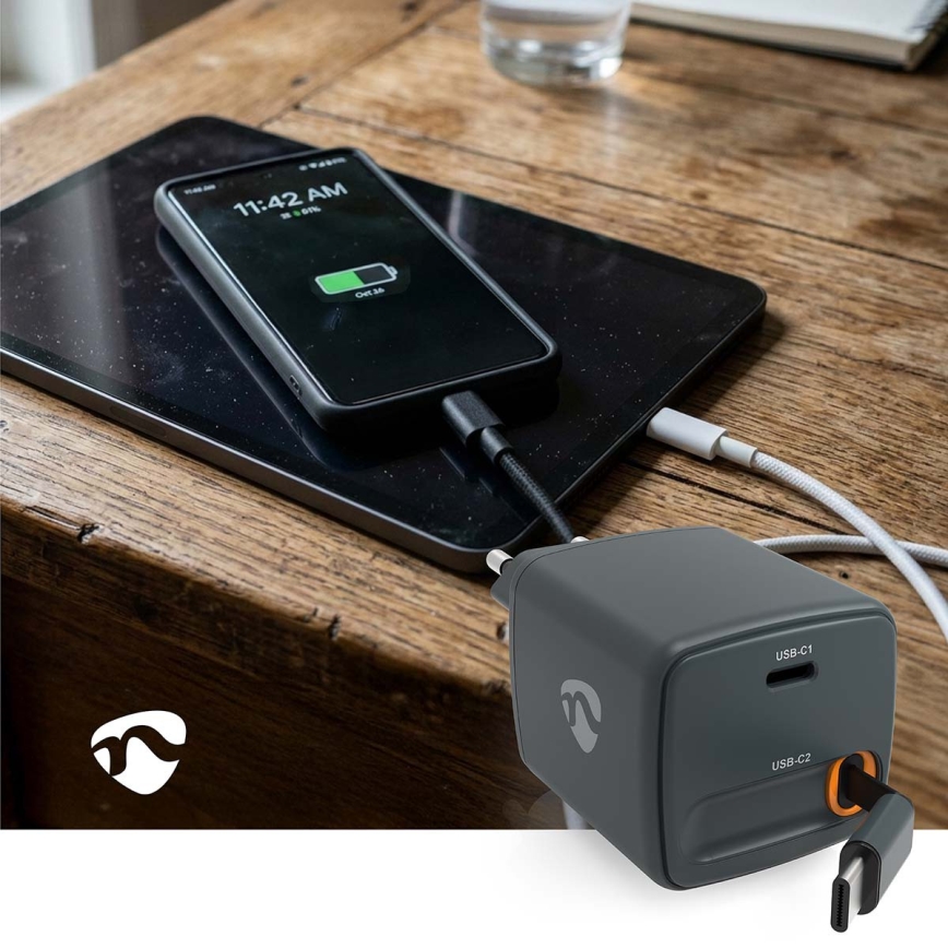 Ladegerät mit einziehbarem Kabel, Power Delivery 65 W, 2x USB-C, schwarz
