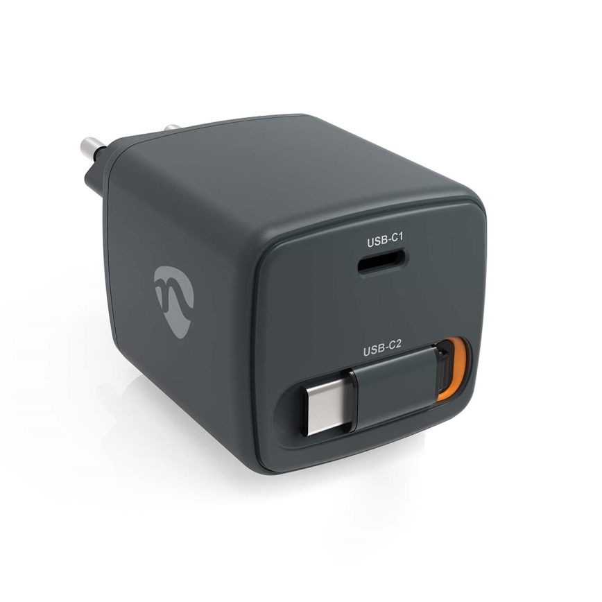 Ladegerät mit einziehbarem Kabel, Power Delivery 65 W, 2x USB-C, schwarz