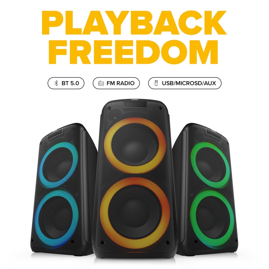 Niceboy PARTY Boss 2 - LED kabelloser Lautsprecher mit Mikrofon und Powerbank-Funktion 200W/4500 mAh + Fernbedienung