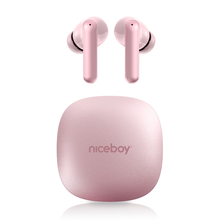 Niceboy Pins 4 PRO – Kabellose In‑Ear‑Kopfhörer mit ANC, 380 mAh Ladeetui + 2×35 mAh Ohrhörer, IP54, rosa