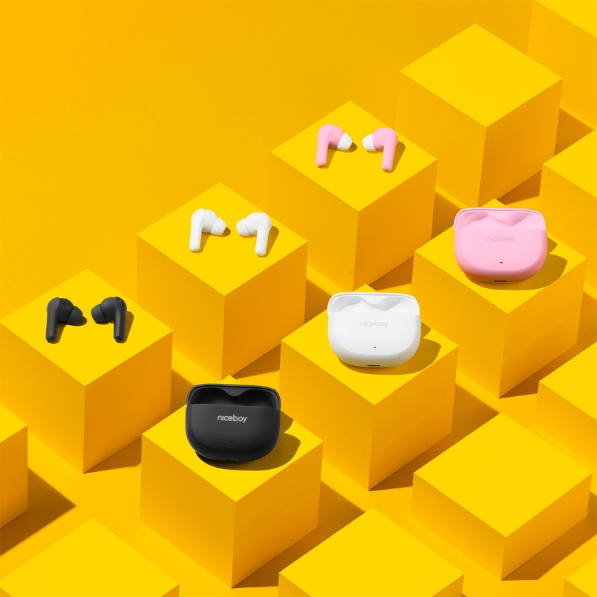 Niceboy Pins 4 - True-Wireless-Kopfhörer mit ANC, 400 mAh + 2×50 mAh, IPX4, rosa