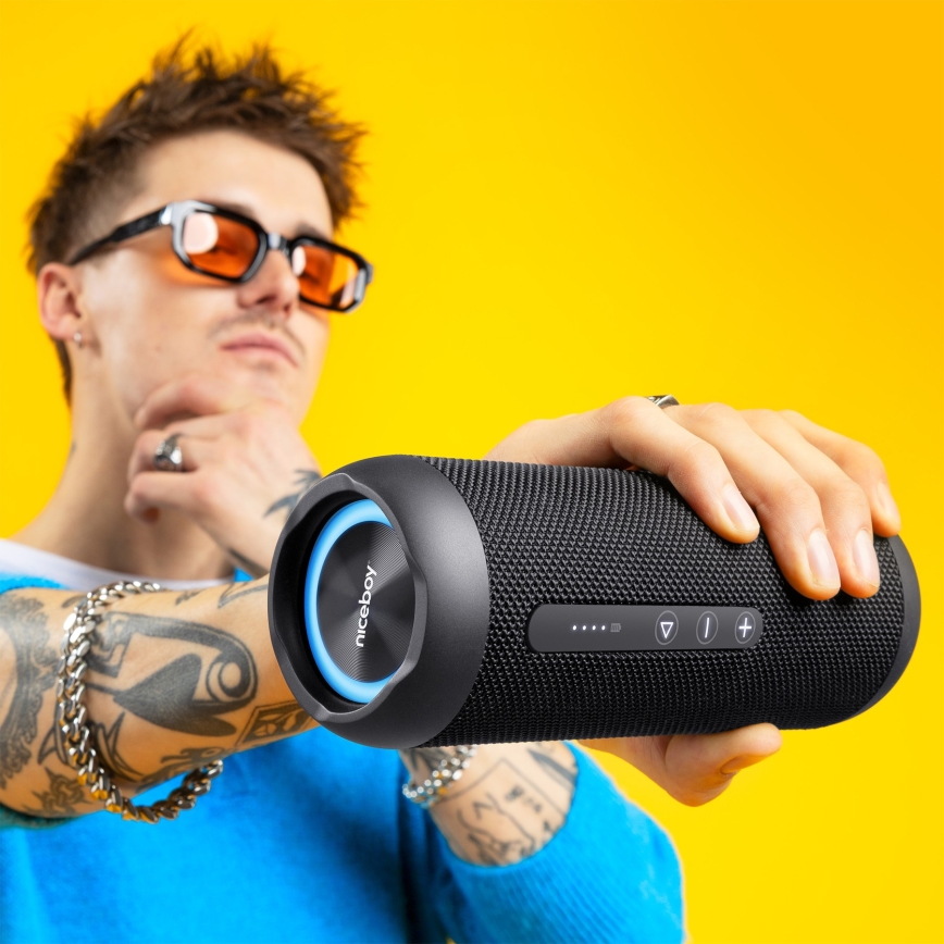 Niceboy Polaris - LED kabelloser Lautsprecher mit Mikrofon 30W/2000 mAh IPX7 schwarz