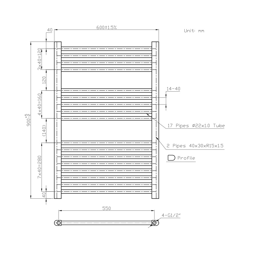Novaservis - Bad-Leiterheizkörper 478W/230V 90x60 cm weiß, gerade