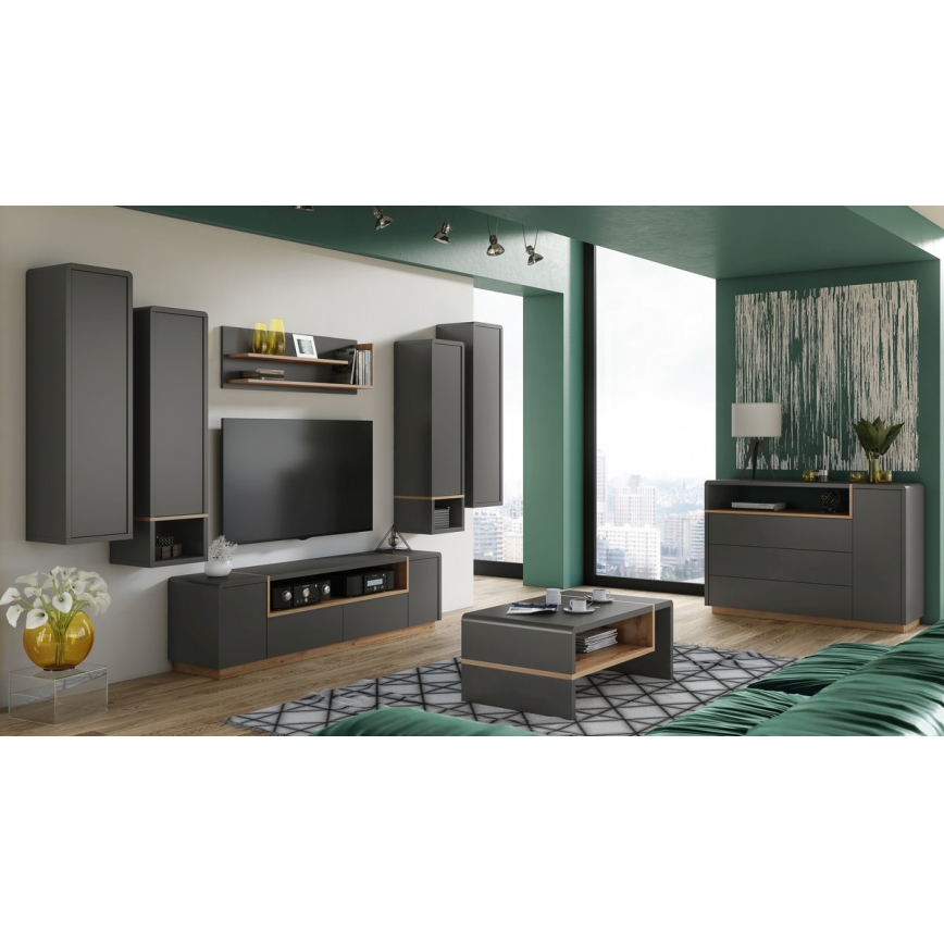 Schrank mit offener Ablage FRED Anthrazit/Eiche Artisan