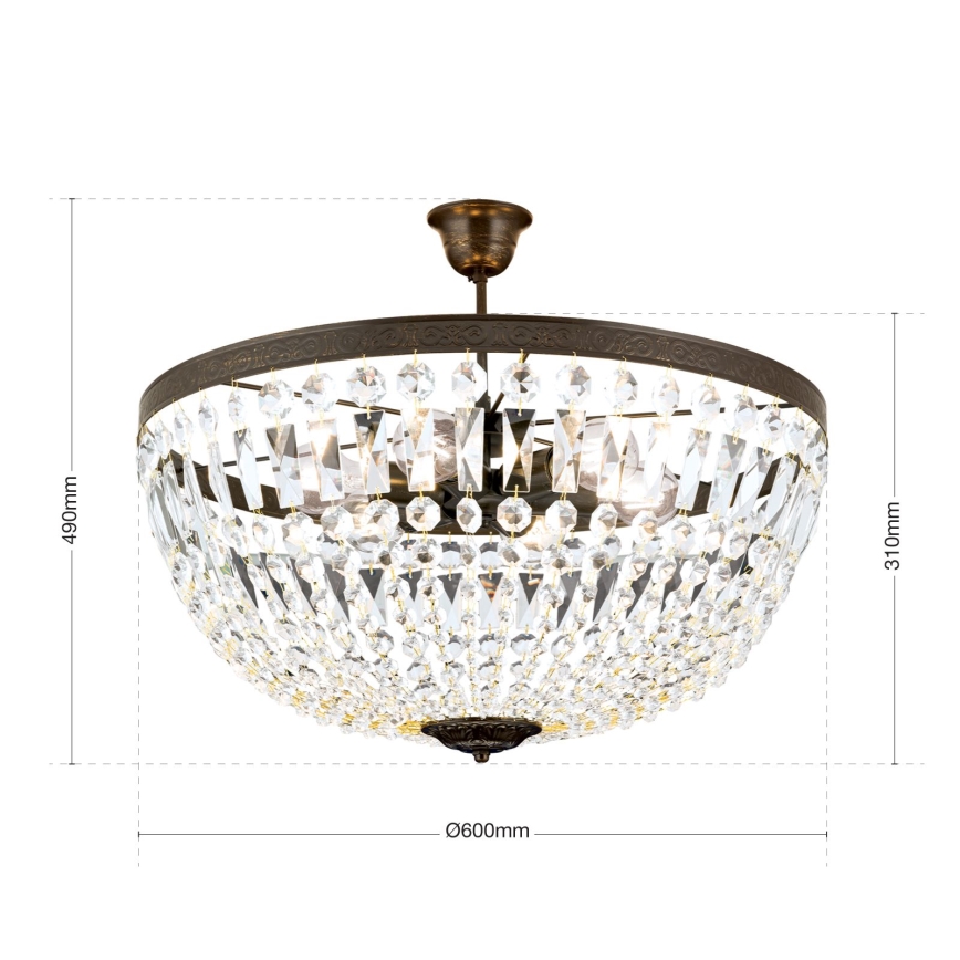 Kristall-Kronleuchter an Stange ARILA 6xE27/60W/230V d 60 cm braun/Patina