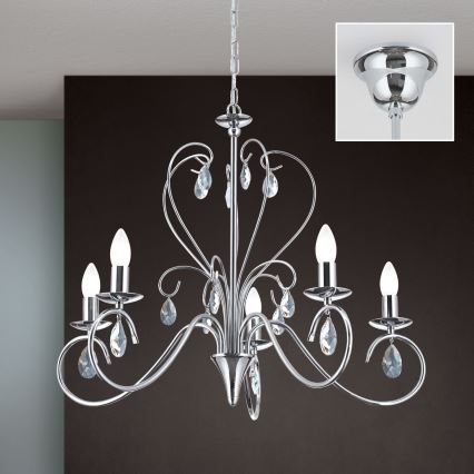 Kristall-Kronleuchter an Kette ALESSIA 5xE14/40W/230V glänzendes Chrom