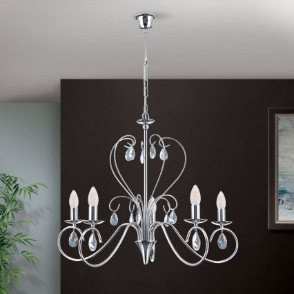 Kristall-Kronleuchter an Kette ALESSIA 5xE14/40W/230V glänzendes Chrom