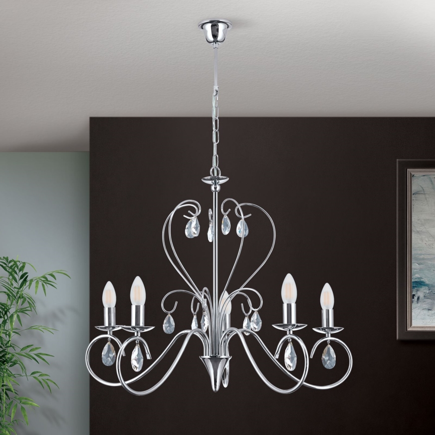 Kristall-Kronleuchter an Kette ALESSIA 5xE14/40W/230V glänzendes Chrom