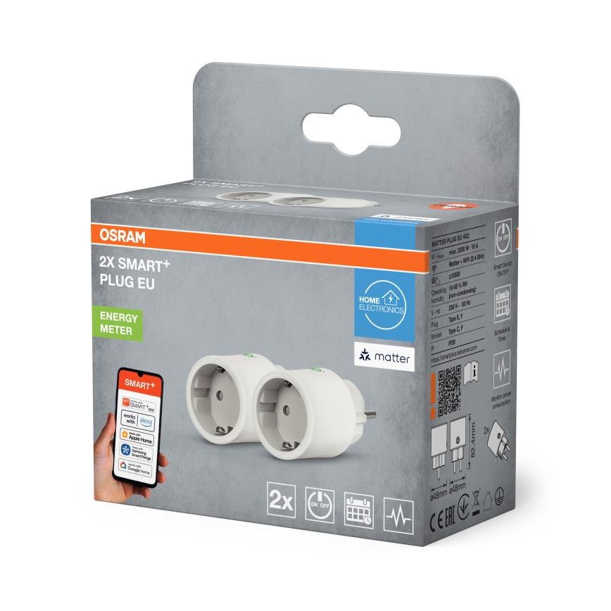 Osram - 2er-Set Smart-Steckdose SMART+ MATTER SCHUKO 2300 W / 230 V / 10 A Wi-Fi, weiß