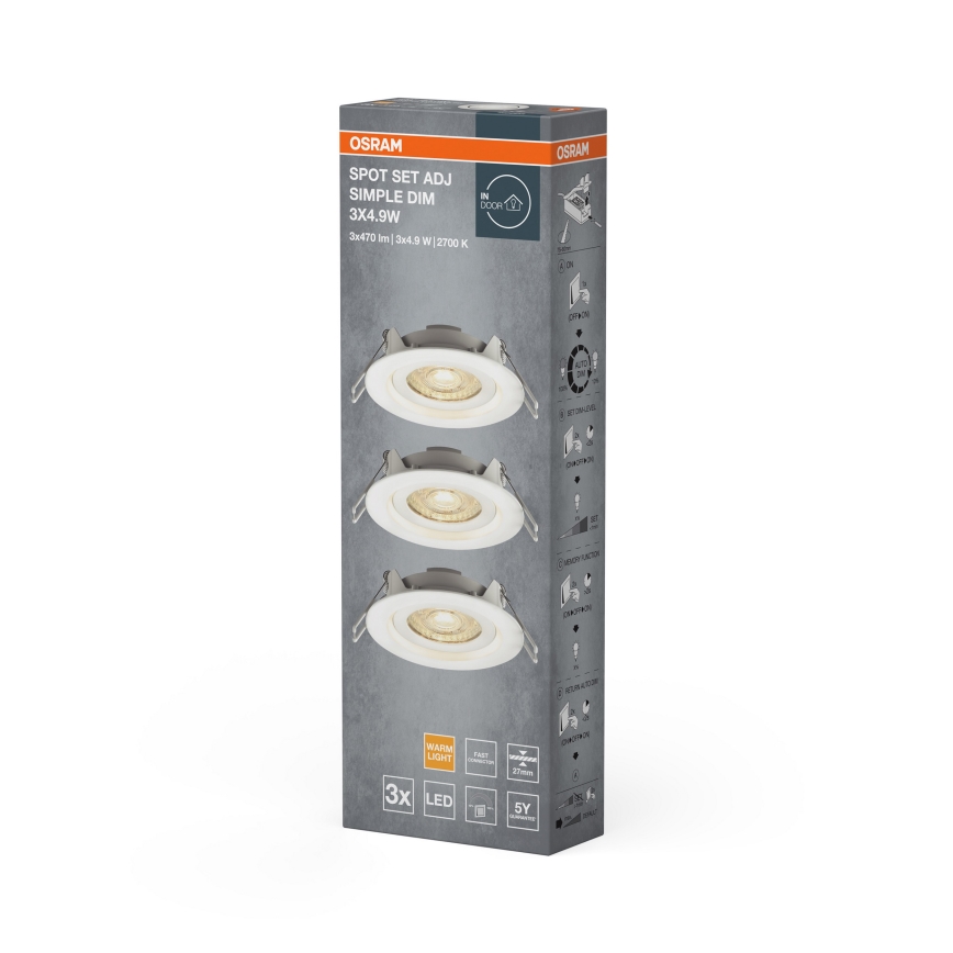Osram - Set 3x dimmbare Einbau-LED-Spots 4,9W/230V 2700K Ø 8,7 cm weiß