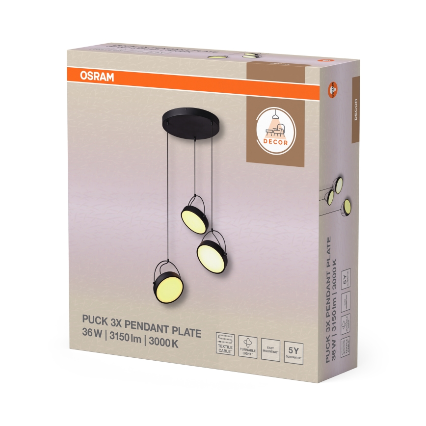 Osram - LED-Hängeleuchte mit Seilaufhängung DECOR PUCK 3xLED/12W/230V CRI 90 schwarz