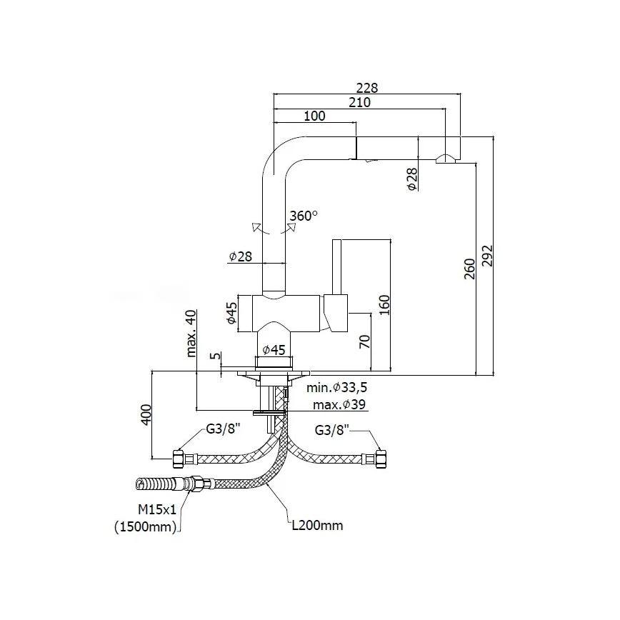 Paffoni - Spültischarmatur LIGHT mit herausziehbarer Brause, 29,2 cm, glänzender Chrom