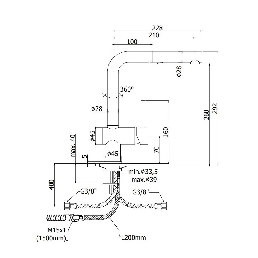 Paffoni - Spültischarmatur mit ausziehbarer Handbrause LIGHT 29,2 cm schwarz