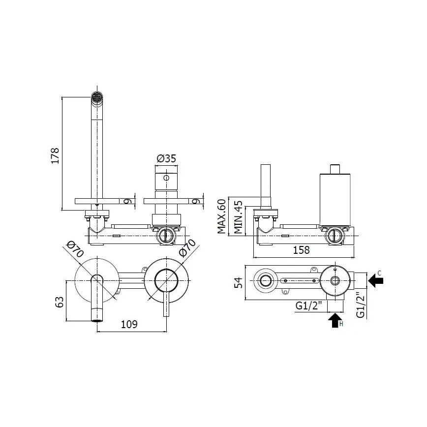 Paffoni - Waschtischarmatur für Unterputzmontage LIGHT, schwarz