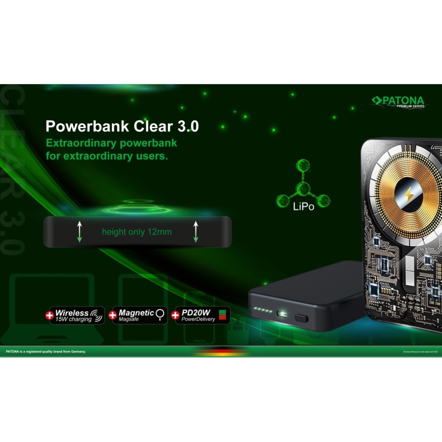 PATONA - Powerbank 10000mAh Li-Pol-PD20W MagSafe USB-C und Qi Ladefunktion