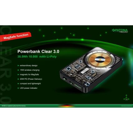 PATONA - Powerbank 10000mAh Li-Pol-PD20W MagSafe USB-C und Qi Ladefunktion