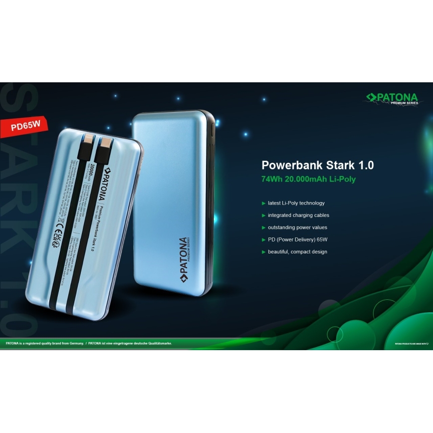 PATONA – Powerbank 20000mAh PD65W Li-Pol 3A USB-C/Lightning