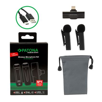 PATONA - SET 2x Drahtloses Mikrofon mit einem Clip für Smartphones USB-C 5V