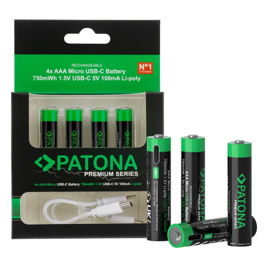 PATONA - SET 4x Akku AAA/LR03 Li-Pol 500mAh 1,5V mit USB-C Aufladung