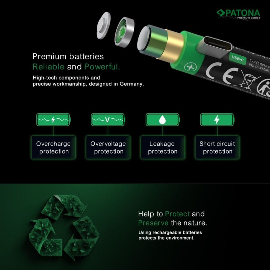 PATONA - SET 4x Akku AAA/LR03 Li-Pol 500mAh 1,5V mit USB-C Aufladung