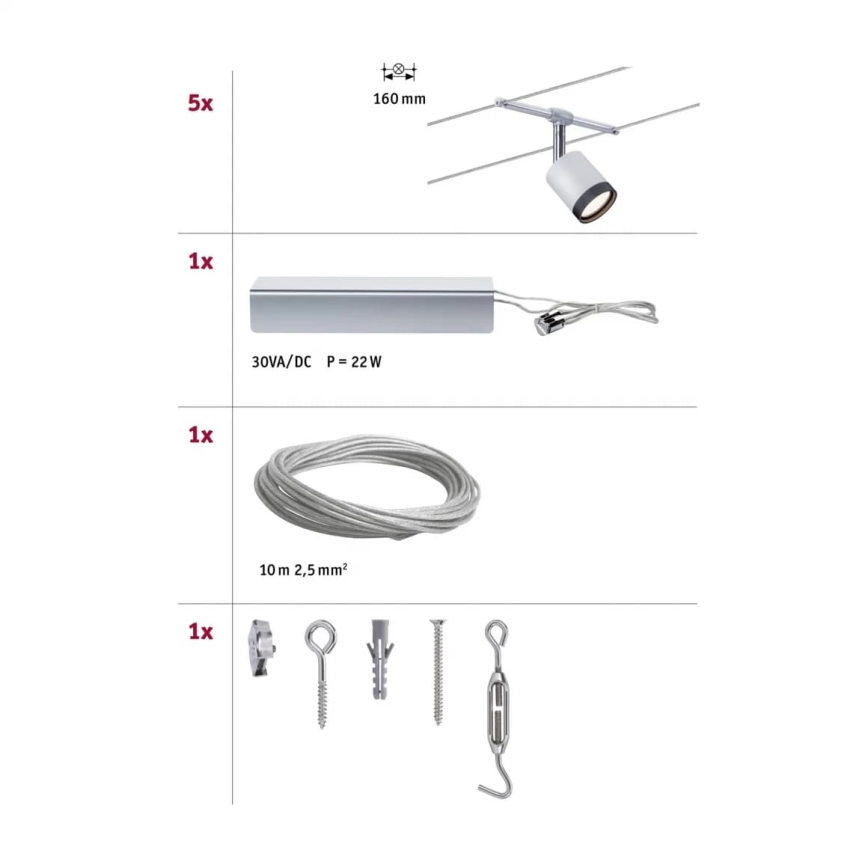 Paulmann 3981 - Set 5x LED/4W Komplettes Seilsystem TUBE 230V mattchrom/schwarz