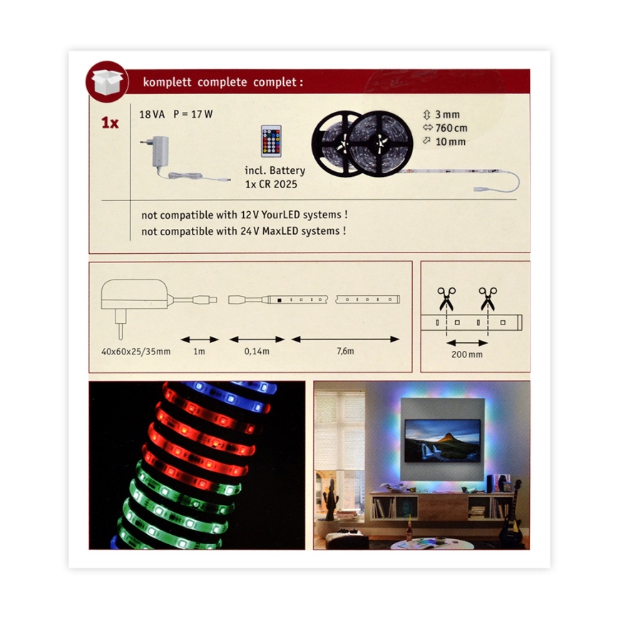 Paulmann 70514 - LED RGB/15W Dimmbarer Streifen SIMPLED 7,5m 230V + Fernbedienung