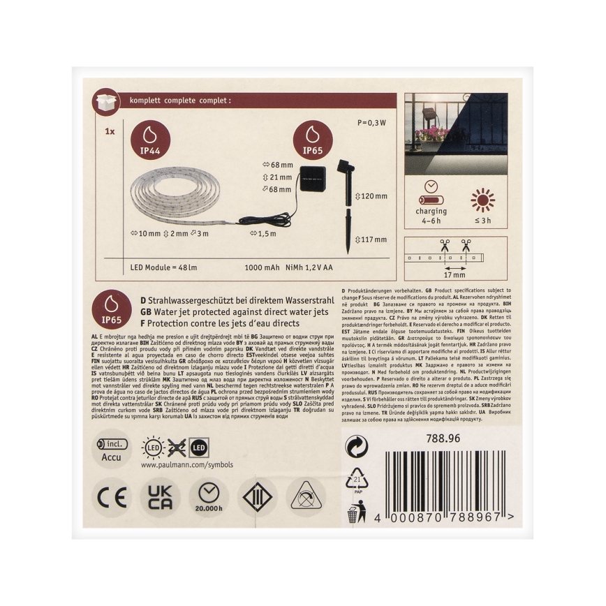 Paulmann 78896 - LED/0,3W IP44 Solarstreifen 3m 1,2V 1000 mAh