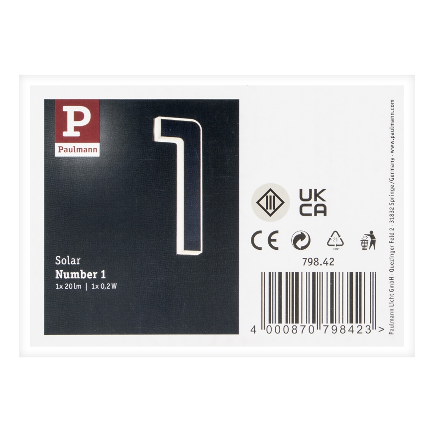 Paulmann 79842 - LED/0,2W IP44 Solar-Hausnummer 1,2V 1500 mAh