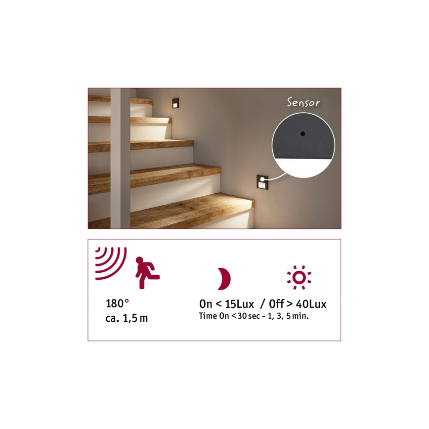 Paulmann 80004 - LED/1W Treppenlicht mit Sensor TSARO 230V Lead/Schwarz