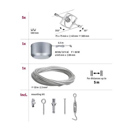 Paulmann 94133 - Set 5xGU5,3/10W Komplettes Seilsystem MAC 230V mattchrom