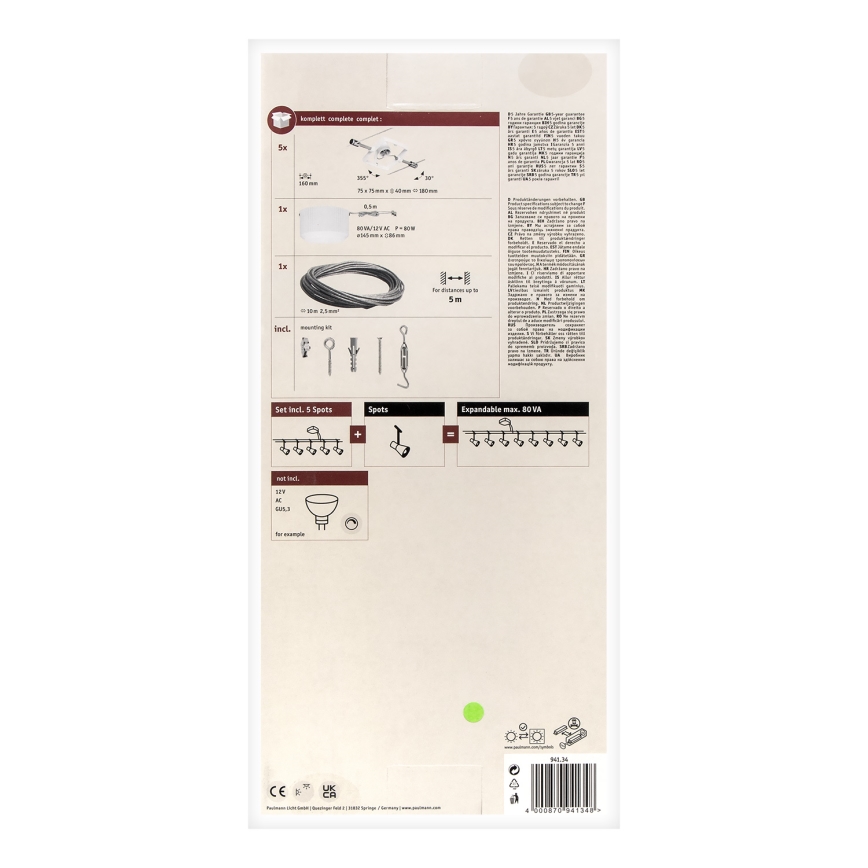 Paulmann 94134 - 5er-Set GU5,3/10W, komplettes Seilsystem MAC 230V, weiß