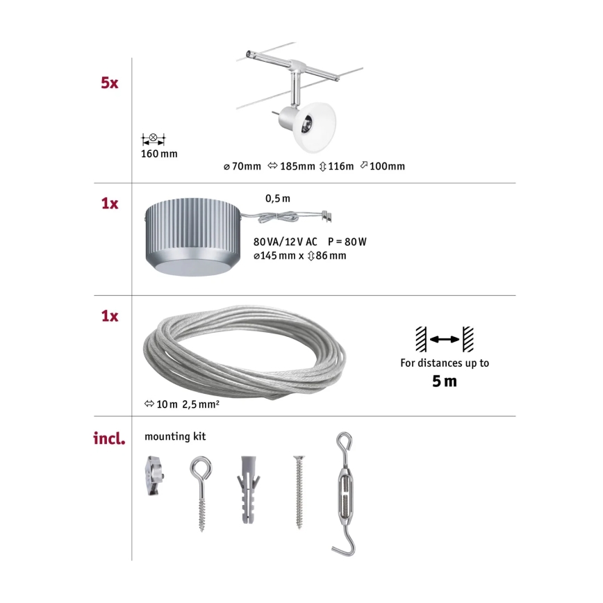 Paulmann 94136 - SET 5xGU5,3/10W komplettes Seilsystem SHEELA 230V glänzender Chrom