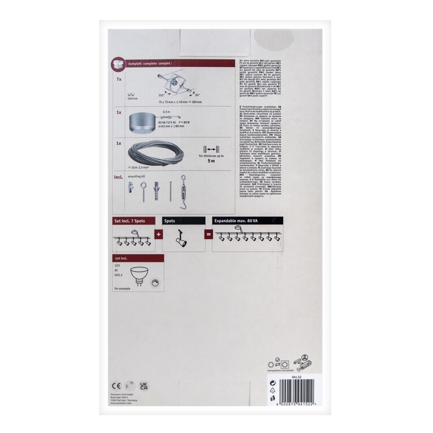 Paulmann 94152 - SET 7xGU5,3/10W Einbaustrahler für Seilsystem MAC 230V mattchrom