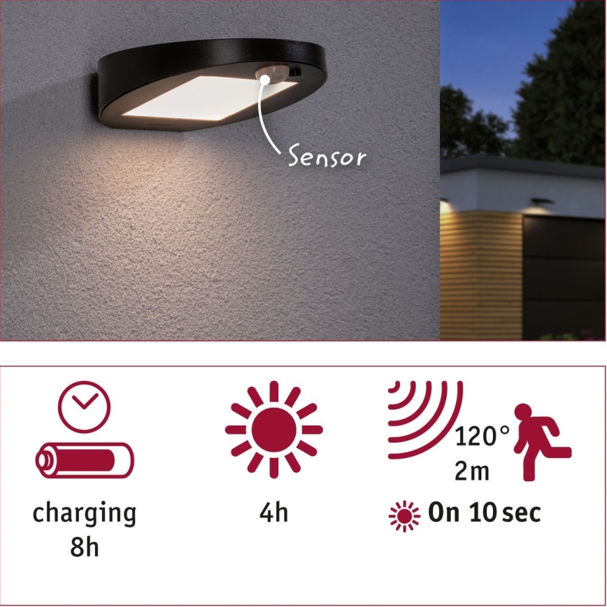 Paulmann 94246 - LED/1,2W IP44 Außen-Solarleuchte mit Sensor RYSE 3,7V