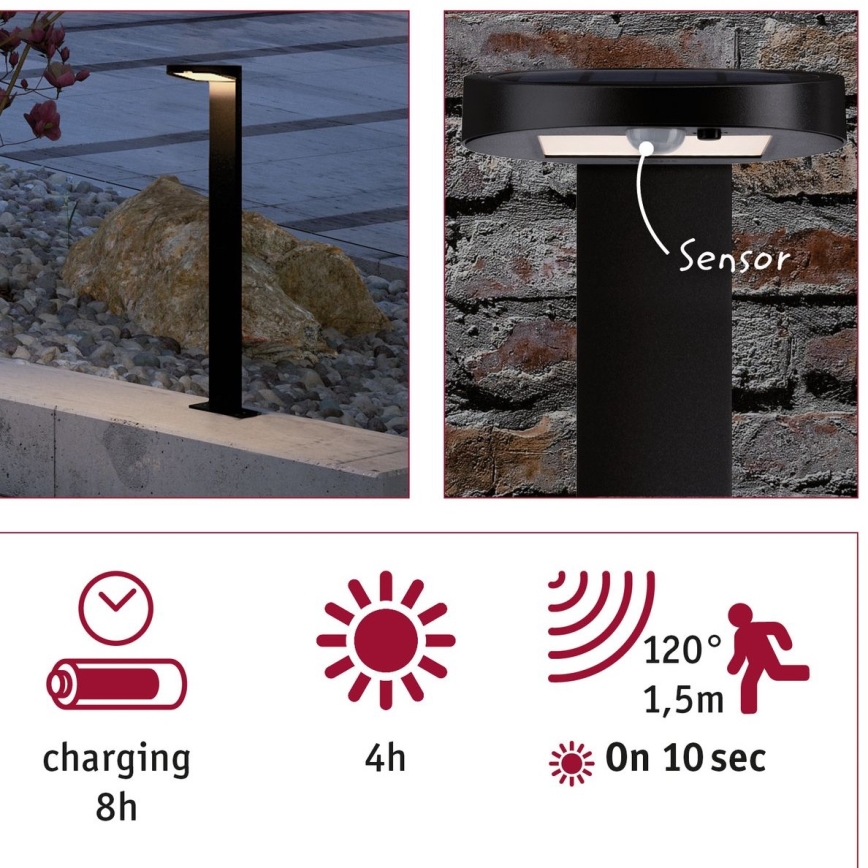 Paulmann 94249 - LED/1,2W IP44 Outdoor-Solarleuchte mit Sensor RYSE 3,7V 1800 mAh